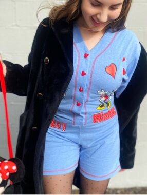 Vintage DISNEYLAND Light Blue Mickey Heart Cotton Boho Romper Disney 90s